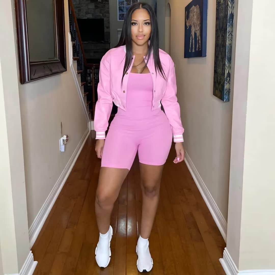 Faux Leather Jacket Women Vintage Long Sleeve Button Down Baseball Coats Open Front Cropped Bomber Jacket Streetwear Pink M
