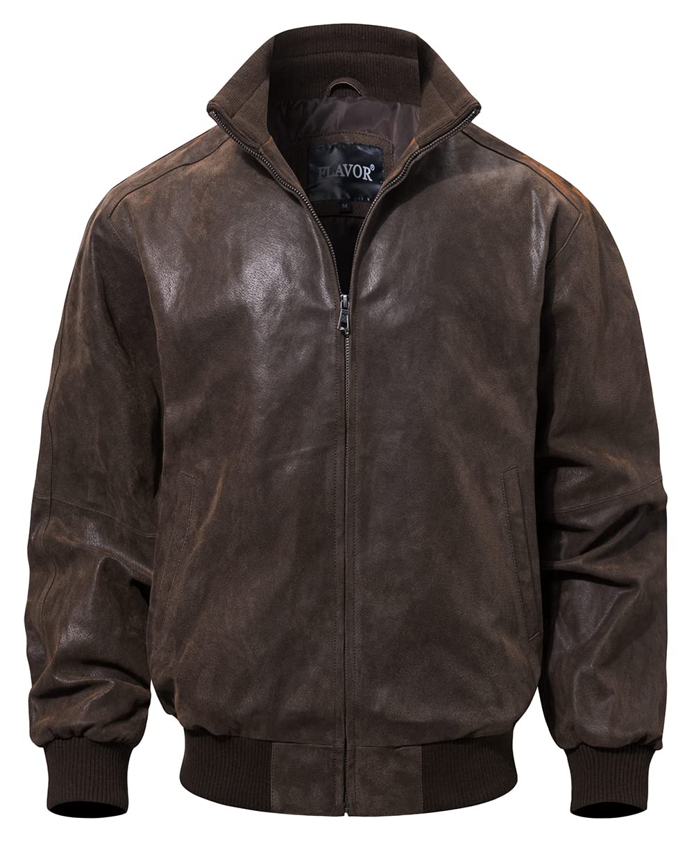 FLAVOR Men's Real Leather Bomber Casual Jacket (Large, Dark Brown)
