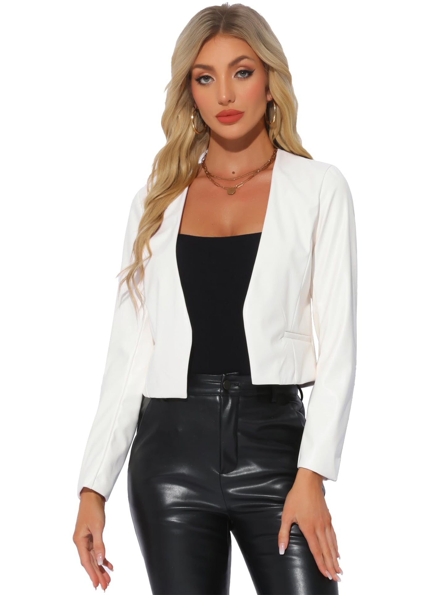 Allegra K Faux Leather Jacket for Women's Collarless Open Front Crop PU Moto Biker Jackets Medium White