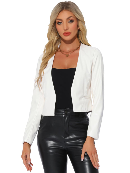 Allegra K Faux Leather Jacket for Women's Collarless Open Front Crop PU Moto Biker Jackets Medium White