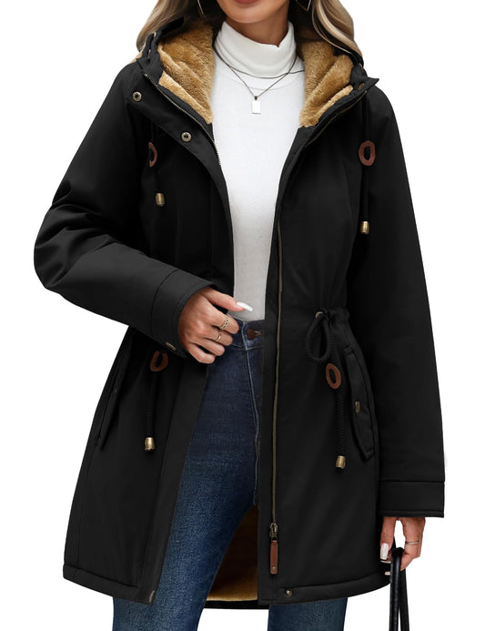 Yusongirl Parka Jacket Women Waterproof Fleece Lined Hooded Warm Winter Coat with Pockets for Daily Commute & Outdoor (Black,Small)
