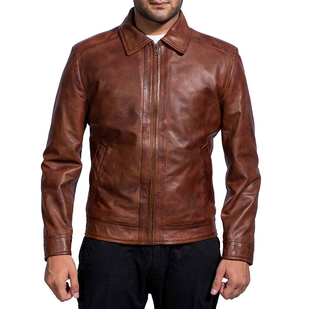 Mens Leather Jacket - Real Lambskin Classic Vintage Style Leather Jackets For Men Brown Leather Jacket for Mens (US, Alpha, X-Large, Regular, Regular, Brown)