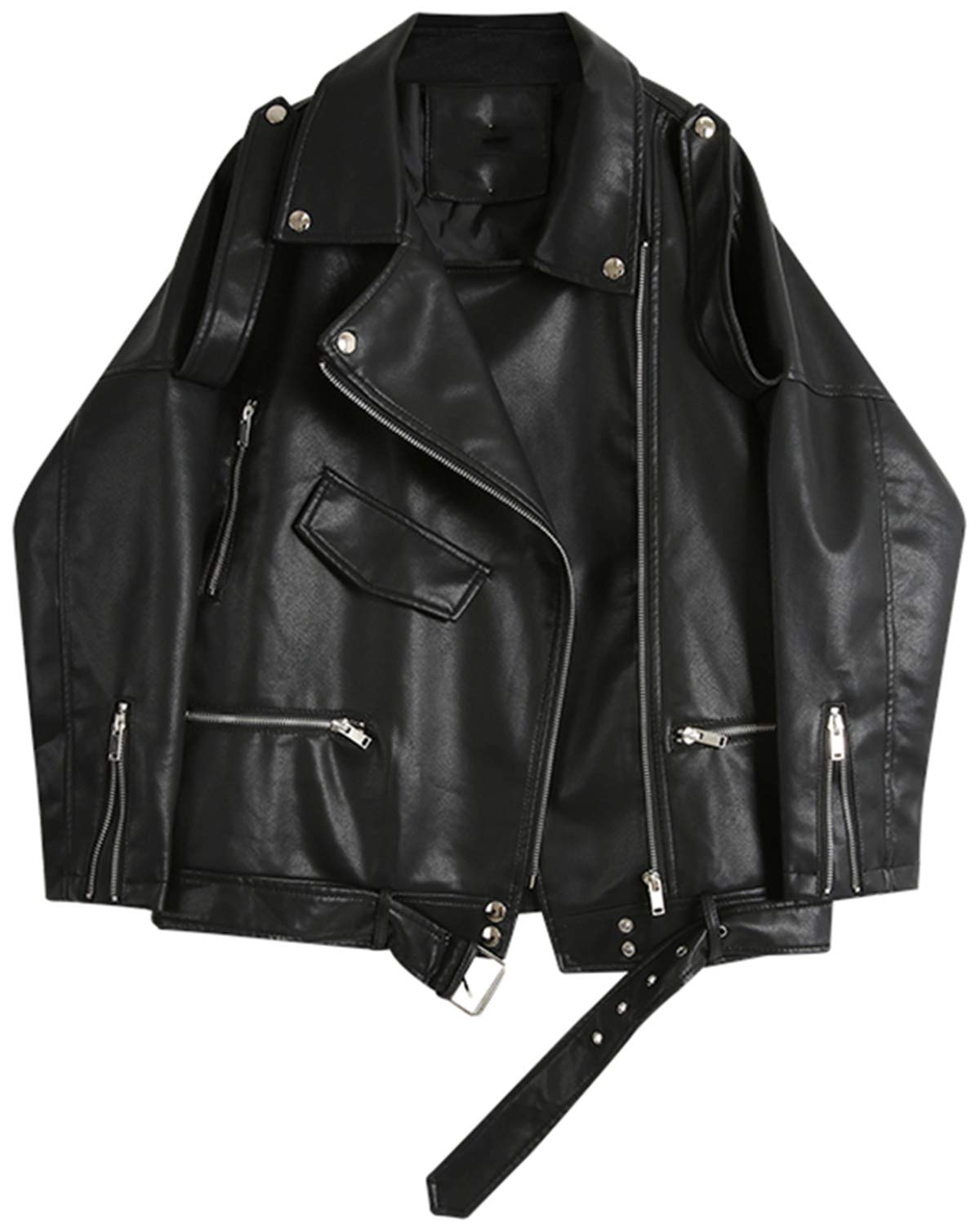 LY VAREY LIN Women Black Faux Leather Jackets Zipper Casual Short Coat Turn-down Collar Motor Biker Jacket with Belt (M, Black)