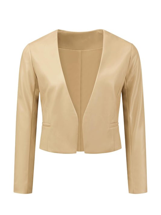 Allegra K Faux Leather Jacket for Women's Collarless Open Front Crop PU Moto Biker Jackets Small Gold