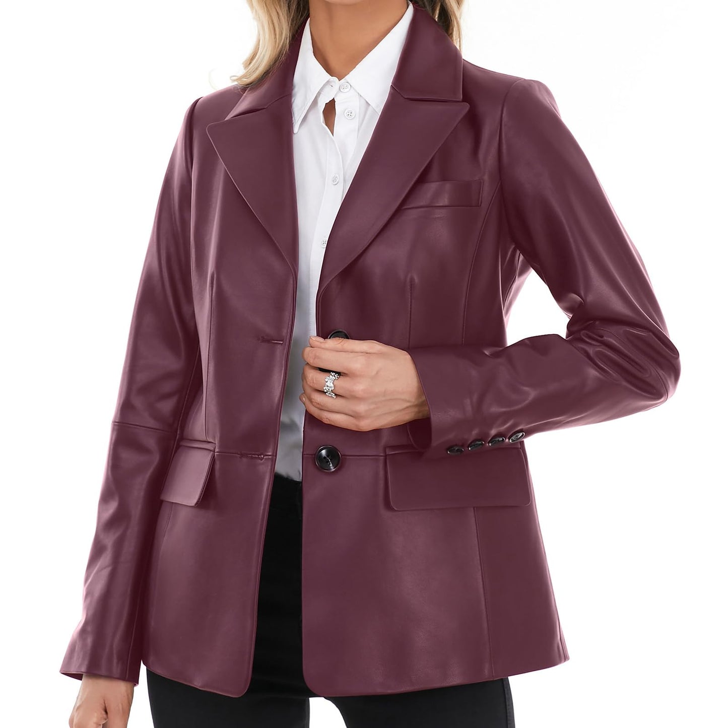 SILVER FASHIONS Lambskin Leather Jacket Women,Long Sleeve Button Front Leather Blazer,Notched Lapel Casual Style,Vent Detail (Large,Burgundy)