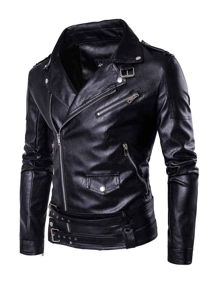 PASOK Men's PU Leather Jacket Causal Belted Faux Leather Motorcycle Jacket Zipper Biker Coat Black L