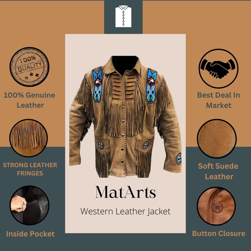 MATARTS Western Cowboy Fringes Beaded Suede Leather Jacket for Men's - Native American and Biker Style Classic Fashion Coat (as1, Alpha, xx_l, Regular, Regular) Brown