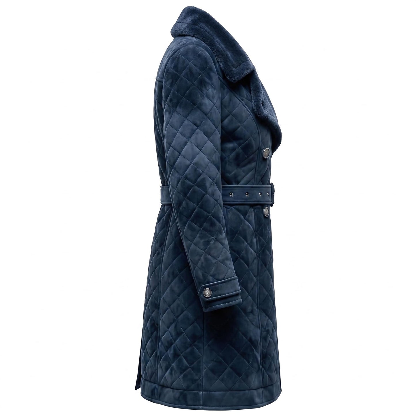 Women’s Navy Blue Suede Trench Coat Double Breasted Knee Length Autumn Quilted Leather Outerwear With Belt & Diamond Stitch (US, Alpha, X-Large, Regular, Regular, Navy Blue)