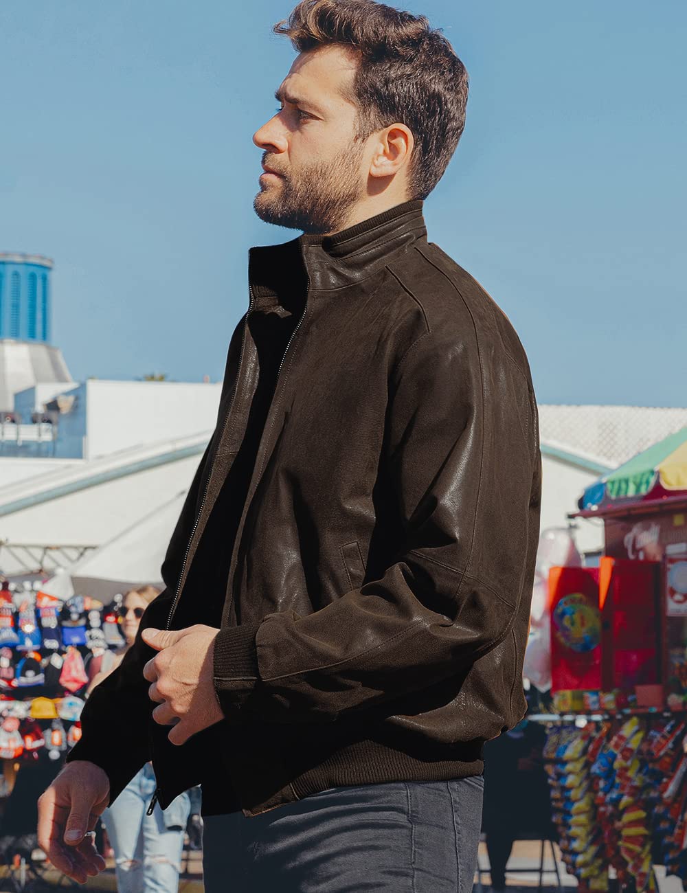 FLAVOR Men's Real Leather Bomber Casual Jacket (Large, Dark Brown)