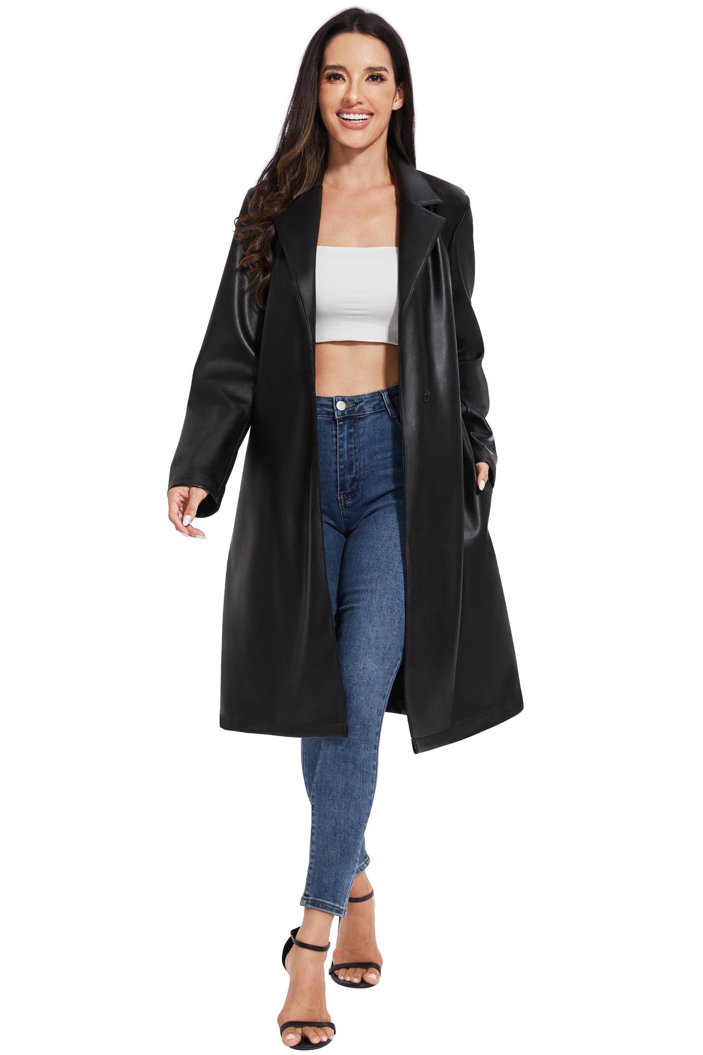 Fahsyee Women's Faux Leather Trench Coat, Motorcycle Jackets PU Moto Biker Outwear Fitted Slim Jacket Black Size XL