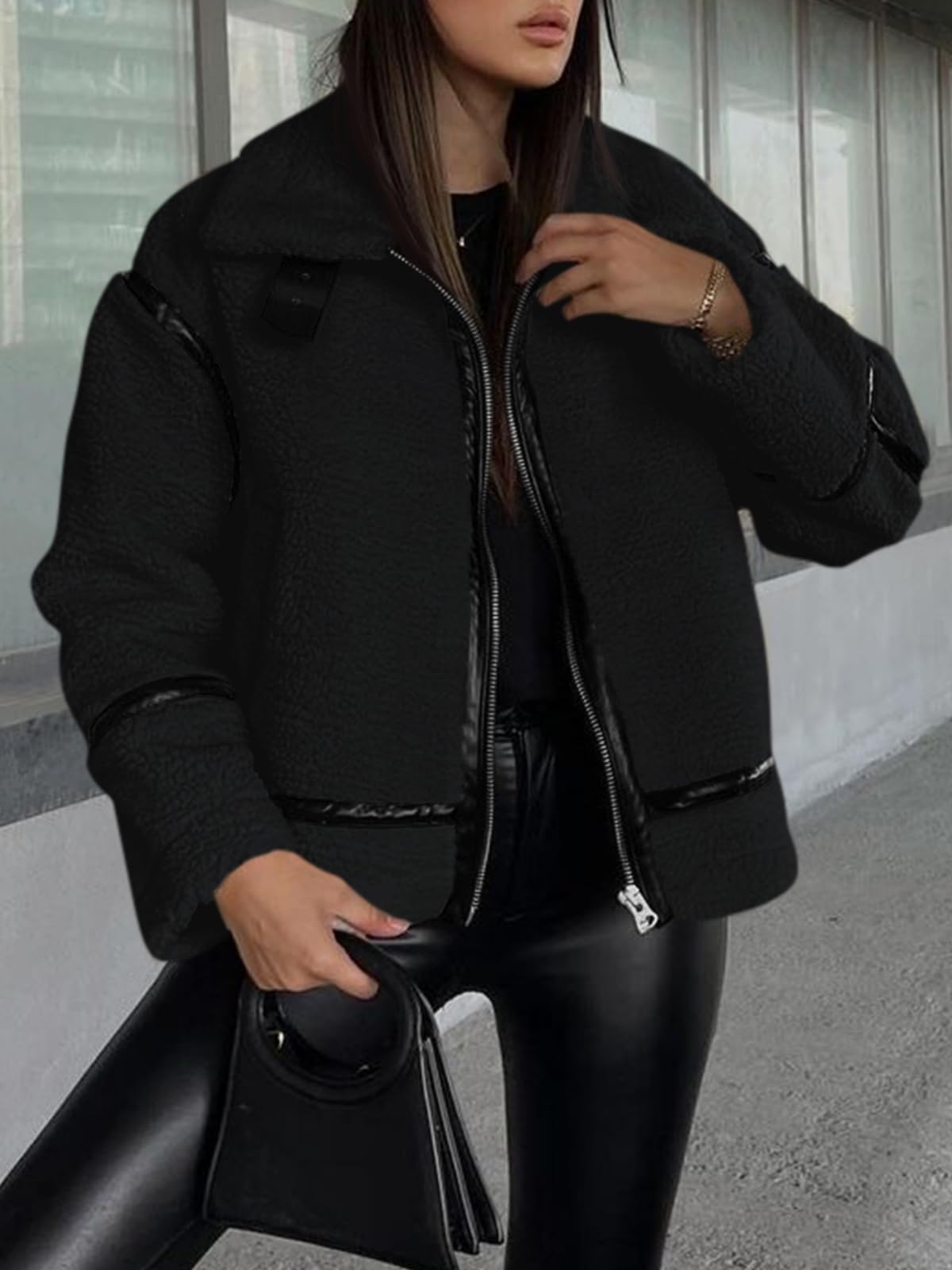 Tankaneo Womens Faux Fur Jackets Winter Trendy Sherpa Moto Leather Patchwork Zip Up Coat