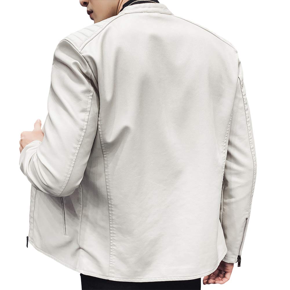 Womleys Mens Casual Stand Collar Slim Fit Faux Leather Jacket Biker Motorcycle Jacket (Ivory, X-Large)
