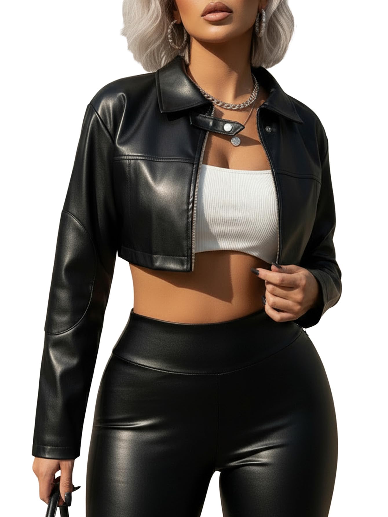 winkbay Women's Pu Leather Cropped Motorcycle Jacket Y2k Zip Up Collared Jackets Streetwear Black Small