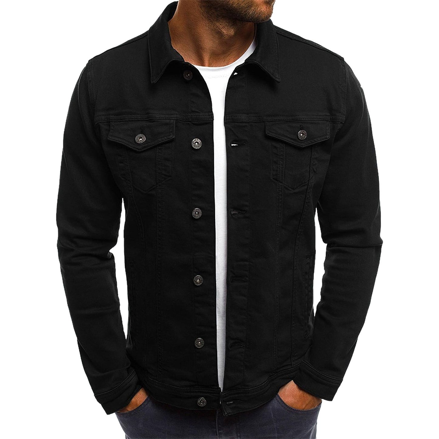 amropi Men's Casual Classic Denim Jacket Slim Fit Fashion Jean Coat Black, M