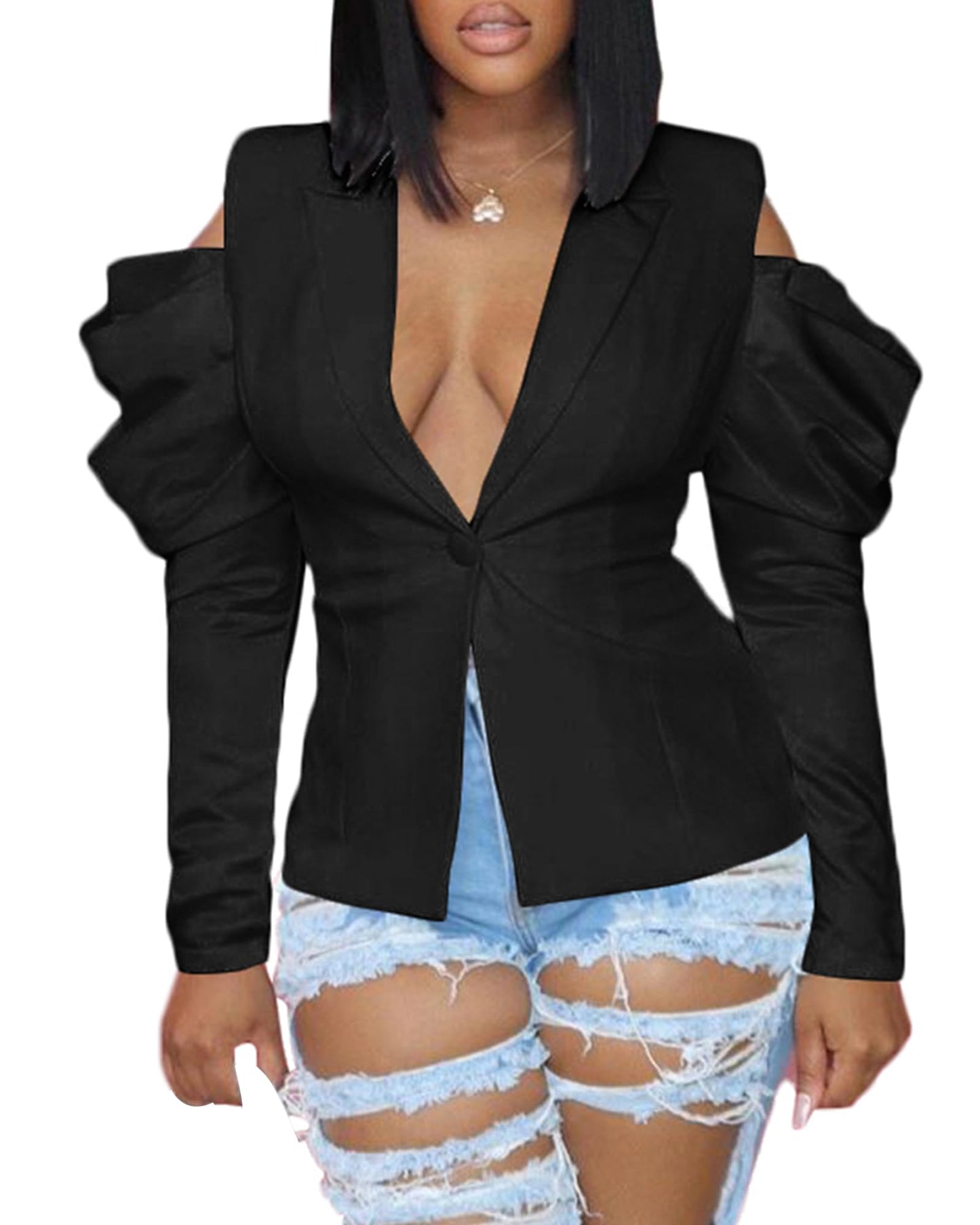 DINGANG Womens Jackets Lightweight Blazer Long Sleeve Shirt V Neck Sexy Light Weight Outerwear Top Off Shoulder Black