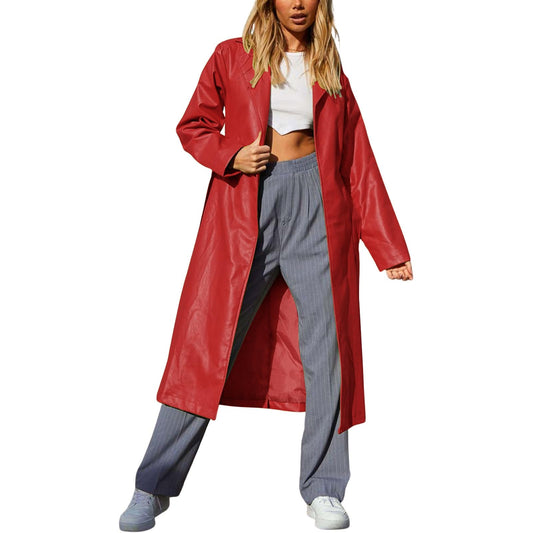 chouyatou Women's Casual Lapel Open Front Pu Faux Leather Long Trench Coat with Belt (Medium, Red)