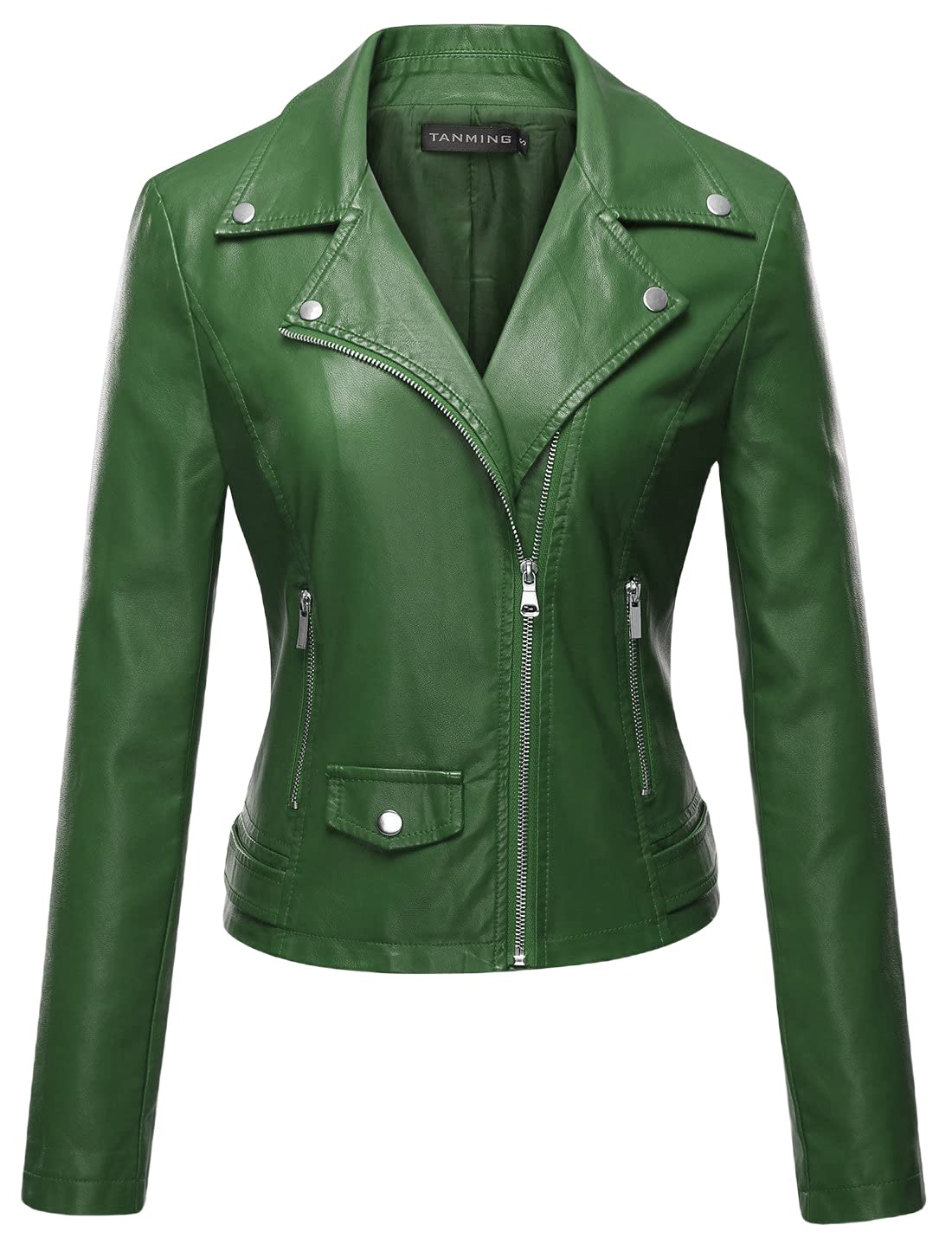 Tanming Women's Faux Leather Moto Biker Short Coat Jacket (Green-M)