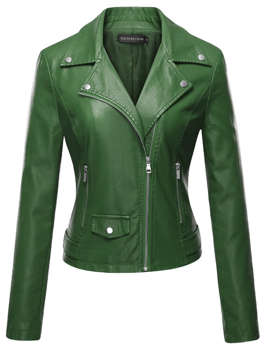 Tanming Women's Faux Leather Moto Biker Short Coat Jacket (Green-M)