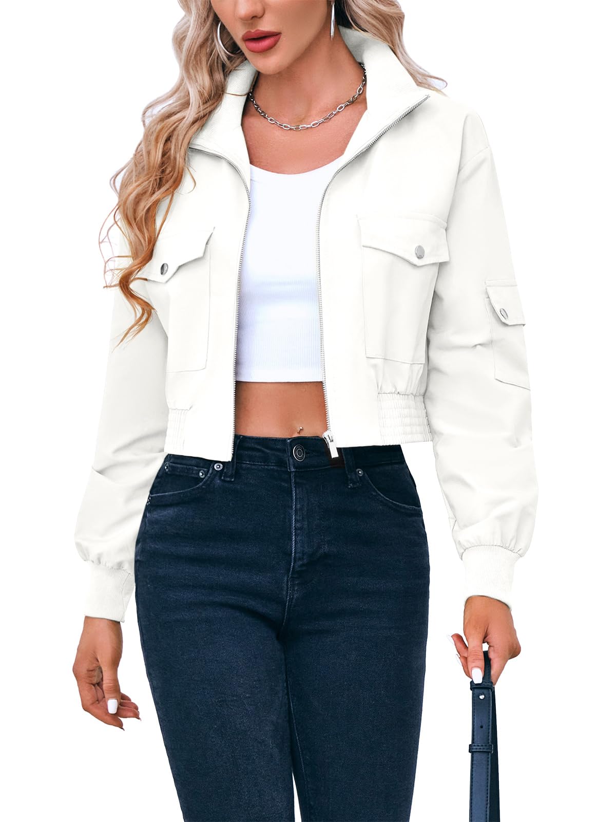 Fisoew Women's Fashion Cropped Bomber Jacket Long Sleeve Zip Up Stand Collar Jacket Coat with Pocket