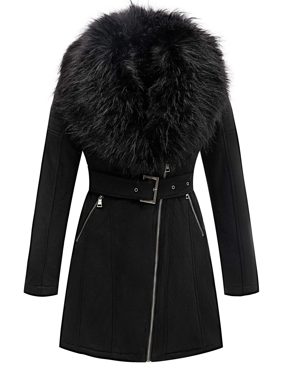 Bellivera Women's Pea Coat Faux Suede Leather Long Jacket Wonderfully Parka Outwear with Detachable Fur Collar 7923 Black M