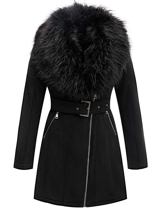 Bellivera Women's Pea Coat Faux Suede Leather Long Jacket Wonderfully Parka Outwear with Detachable Fur Collar 7923 Black M