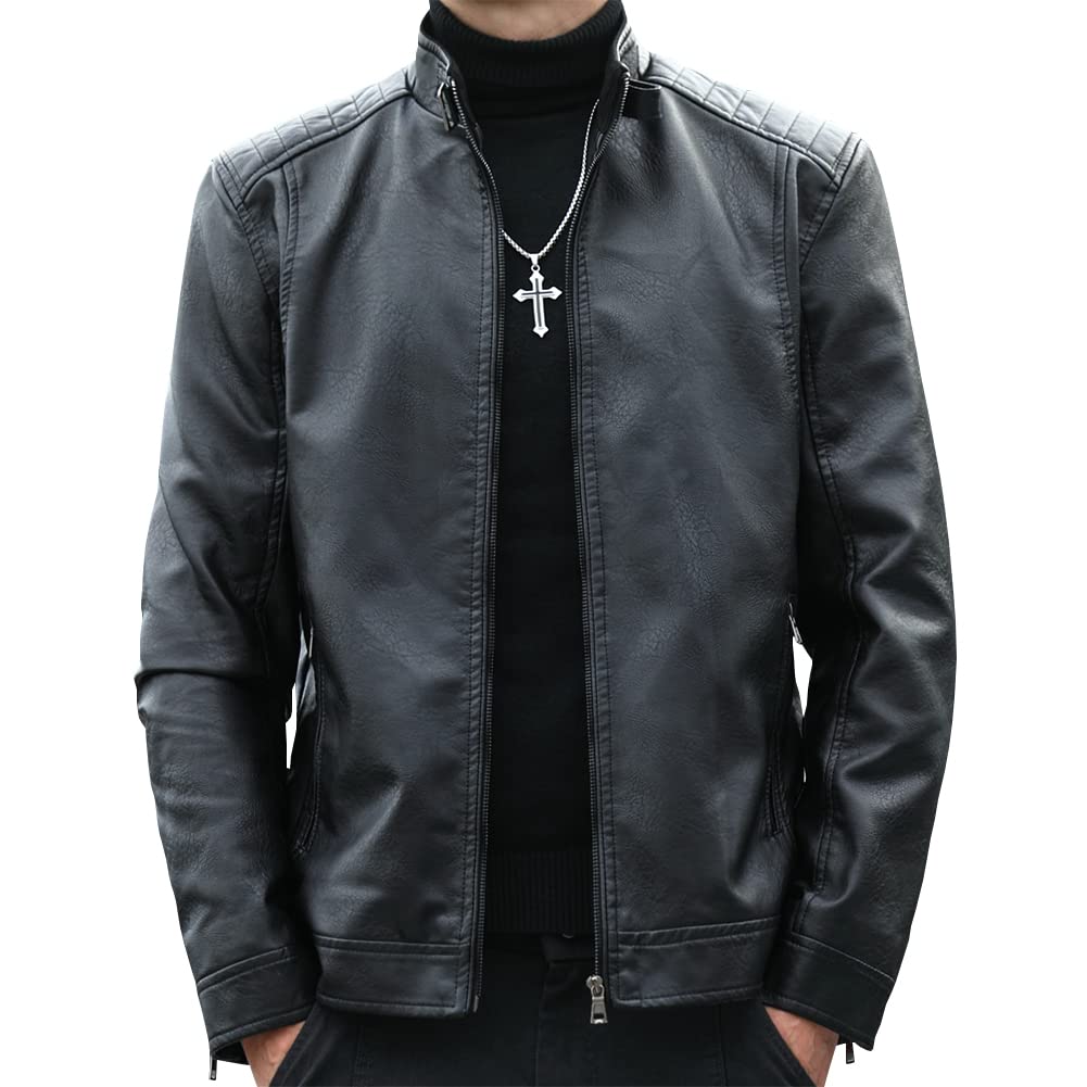 Womleys Mens Casual Stand Collar Faux Leather Jacket Biker Motorcycle Jackets (Black, Medium)