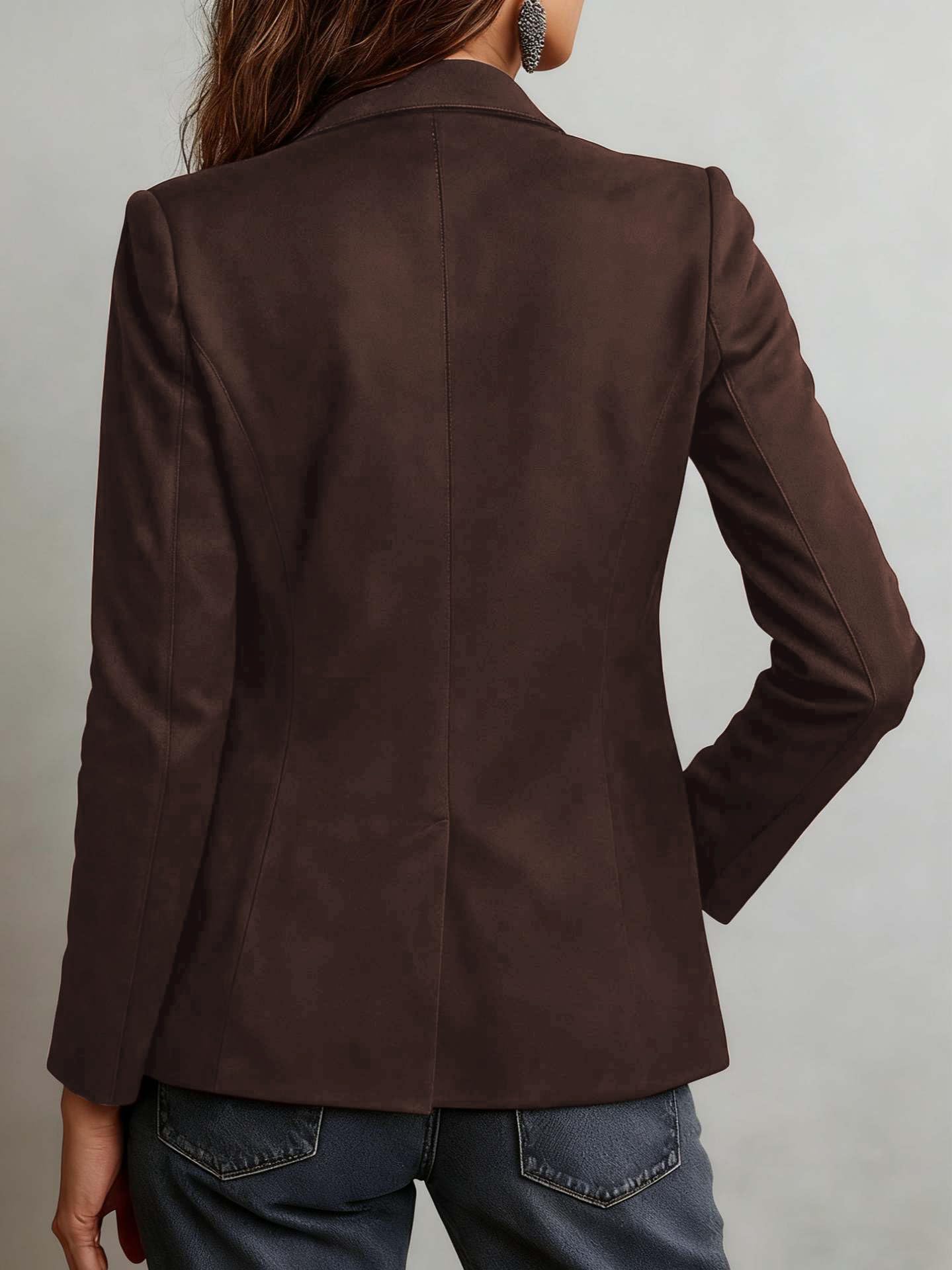 chouyatou Women's Retro Faux Suede Leather Blazer Jacket Notched Collar Work Dressy Business Casual Coat (Large,Dark Brown)
