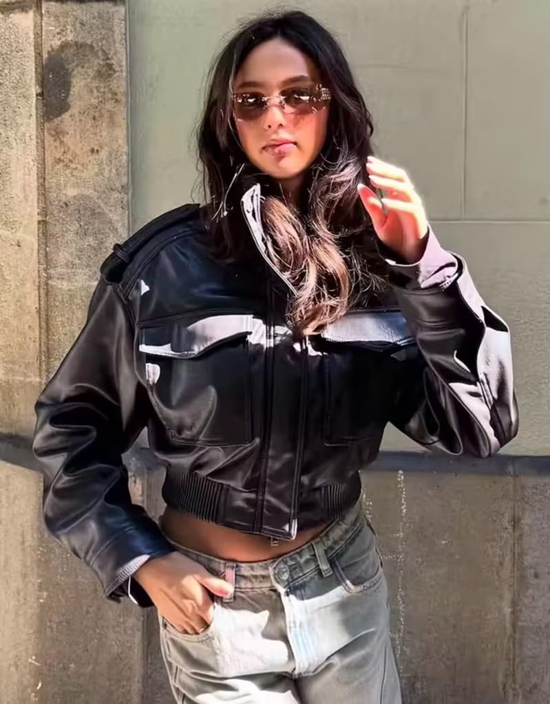 RISCUYY Brown Leather Jacket Women Stand Collar Zip Up Cropped Leather Jacket Women Trendy 2026