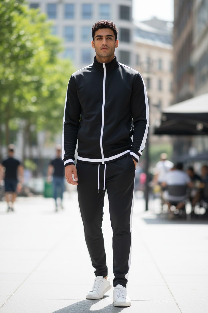 SCREENSHOT SCREENSHOTBRAND-51700 Mens Urban Hip Hop Premium Track Jacket - Slim Fit Side Taping Basic-Black-XLarge
