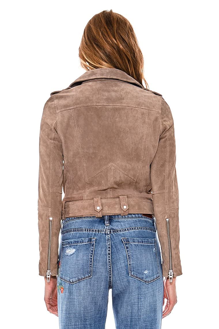 [BLANKNYC] womens Luxury Clothing Cropped Suede Leather Motorcycle Jackets, Comfortable & Stylish Coats, Sand Stoner, Medium