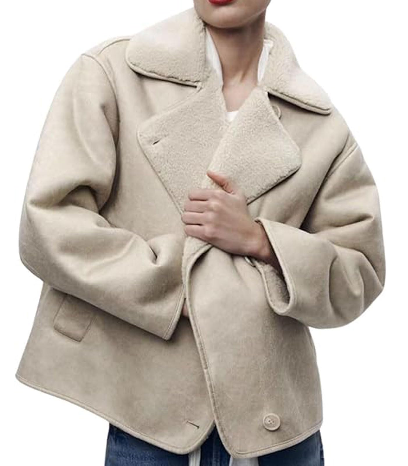 loveimgs Women Thicken Sherpa Lined Faux Suede Jacket Oversized Leather Coat Shearling Fleece Moto Jacket Biker Winter Overcoat (Medium, Beige)