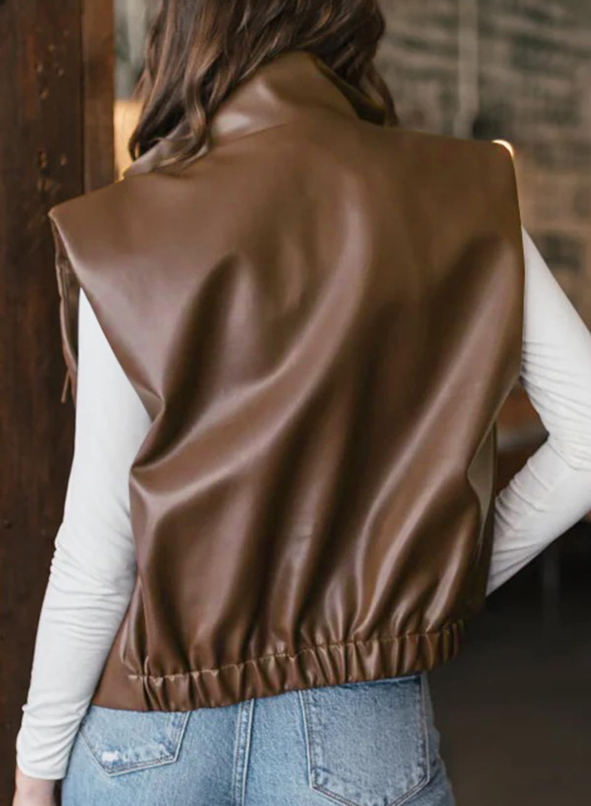 EVALESS Womens Leather Vest Fall Outfits Fashion 2025 Sleeveless Faux Leather Jacket Zip Up Stand Neck Leather Vest Top Solid Casual Clothing Coats Coffee Large