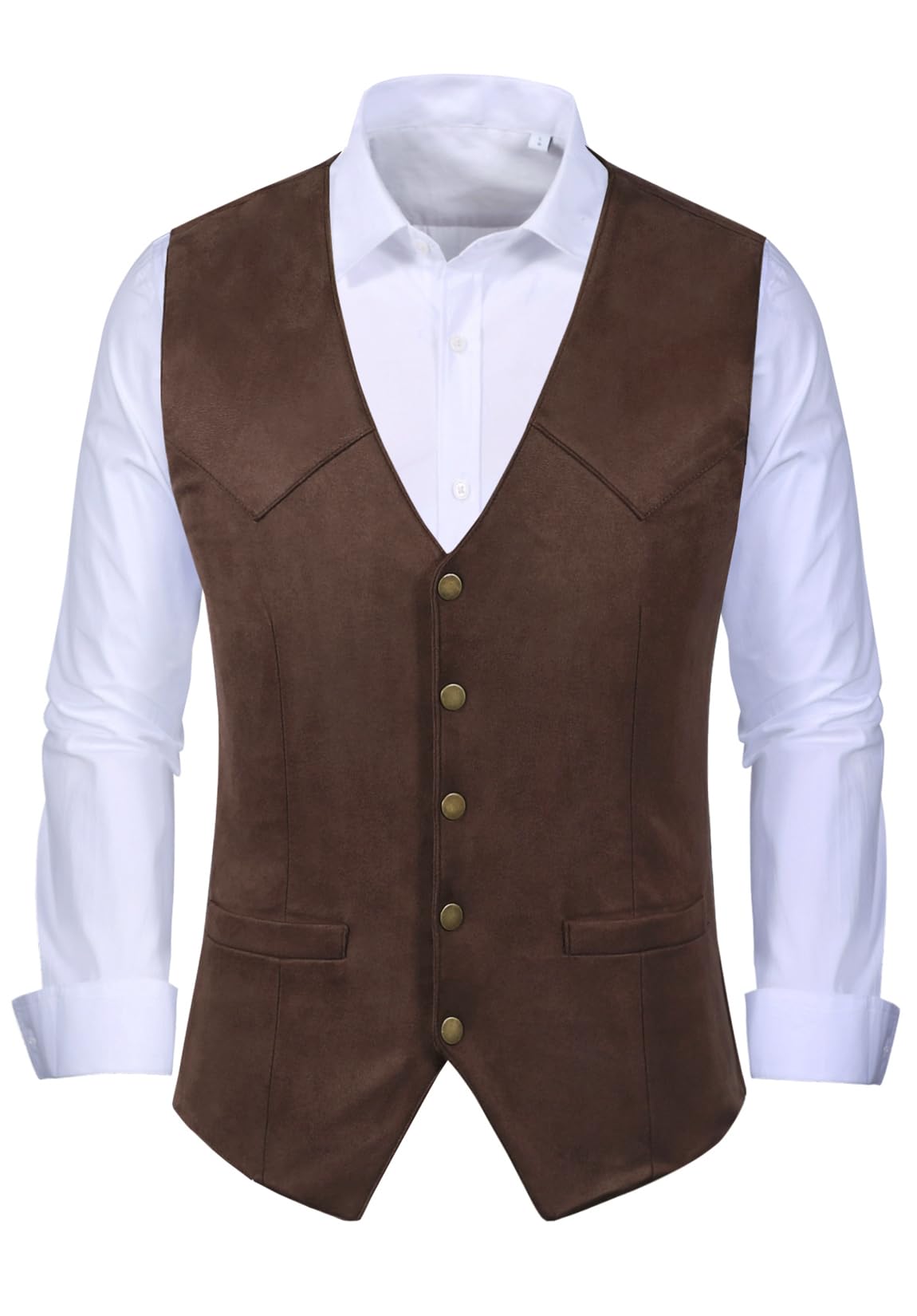 JULUOYIE Men's Suede Leather Vest Vintage Cowboy Waistcoats Wedding Slim Fit Sleeveless Jacket Brown
