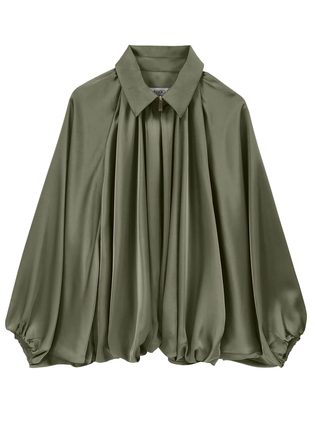 EGOCKAL Womens Satin Puffed Bomber Jacket Oversized Batwing Sleeve Lapel Collar Pleated Zip Up Outerwear Shirts