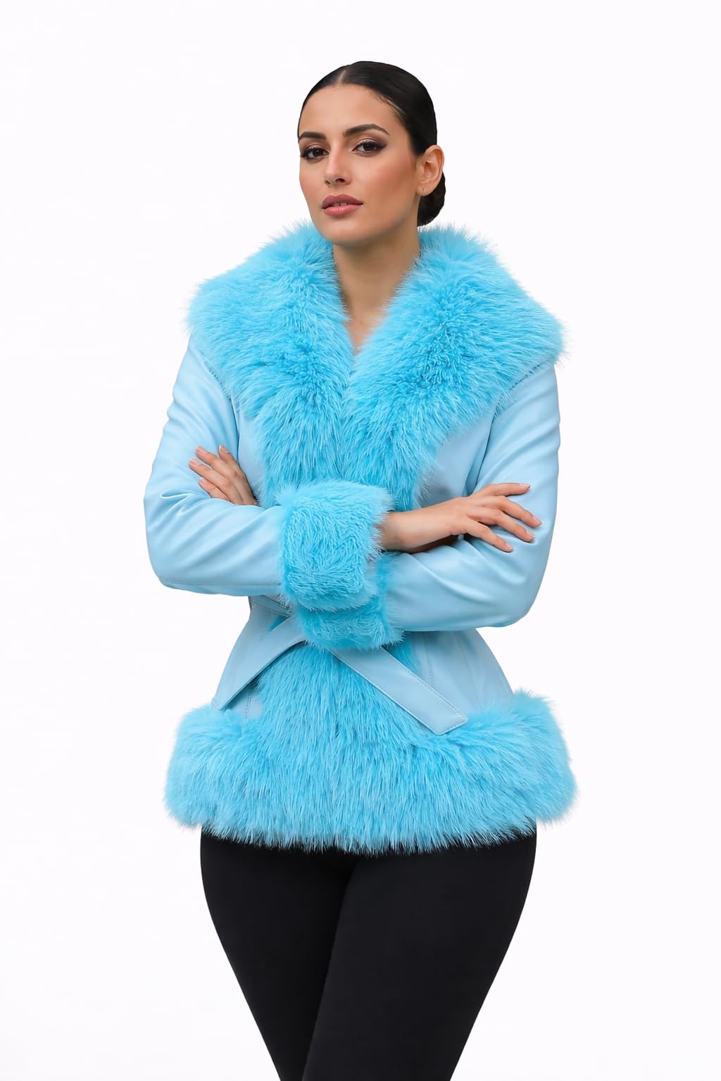 DLNYC Waist Length Warm Winter Vegan Leather Jacket with Faux Fur Trim (US, Alpha, Large, Regular, Regular, Blue)