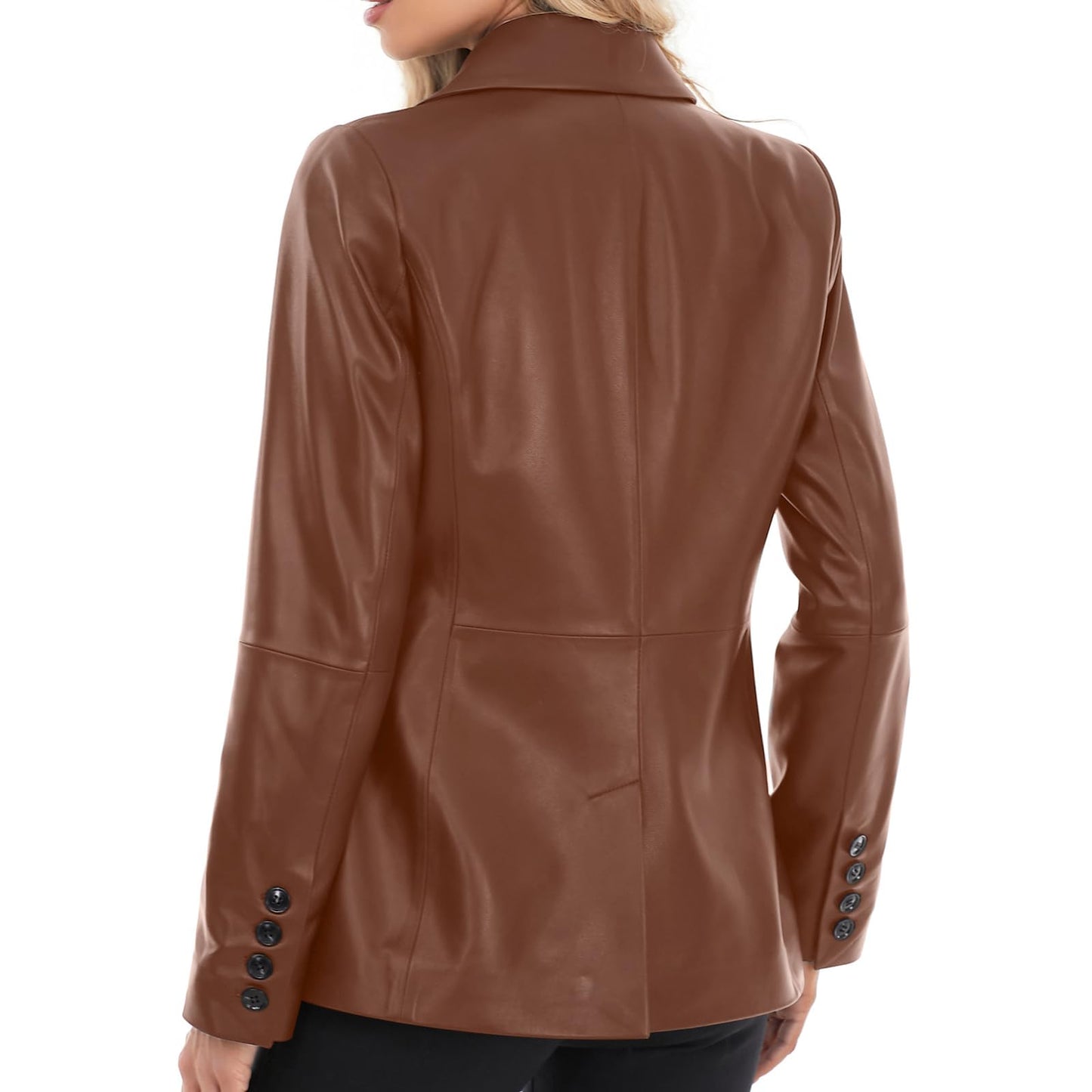 SILVER FASHIONS Lambskin Leather Jacket Women,Long Sleeve Button Front Leather Blazer,Notched Lapel Casual Style,Vent Detail (Small,Brown)
