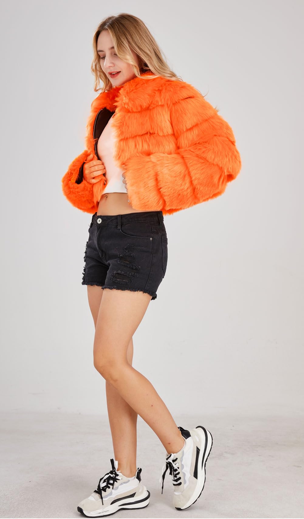 loveimgs Women Fluffy Faux Fur Coat Cropped Jacket Puffer Jacket Zip Up Winter Warm Fuzzy Teddy Jacket (Medium,Orange)