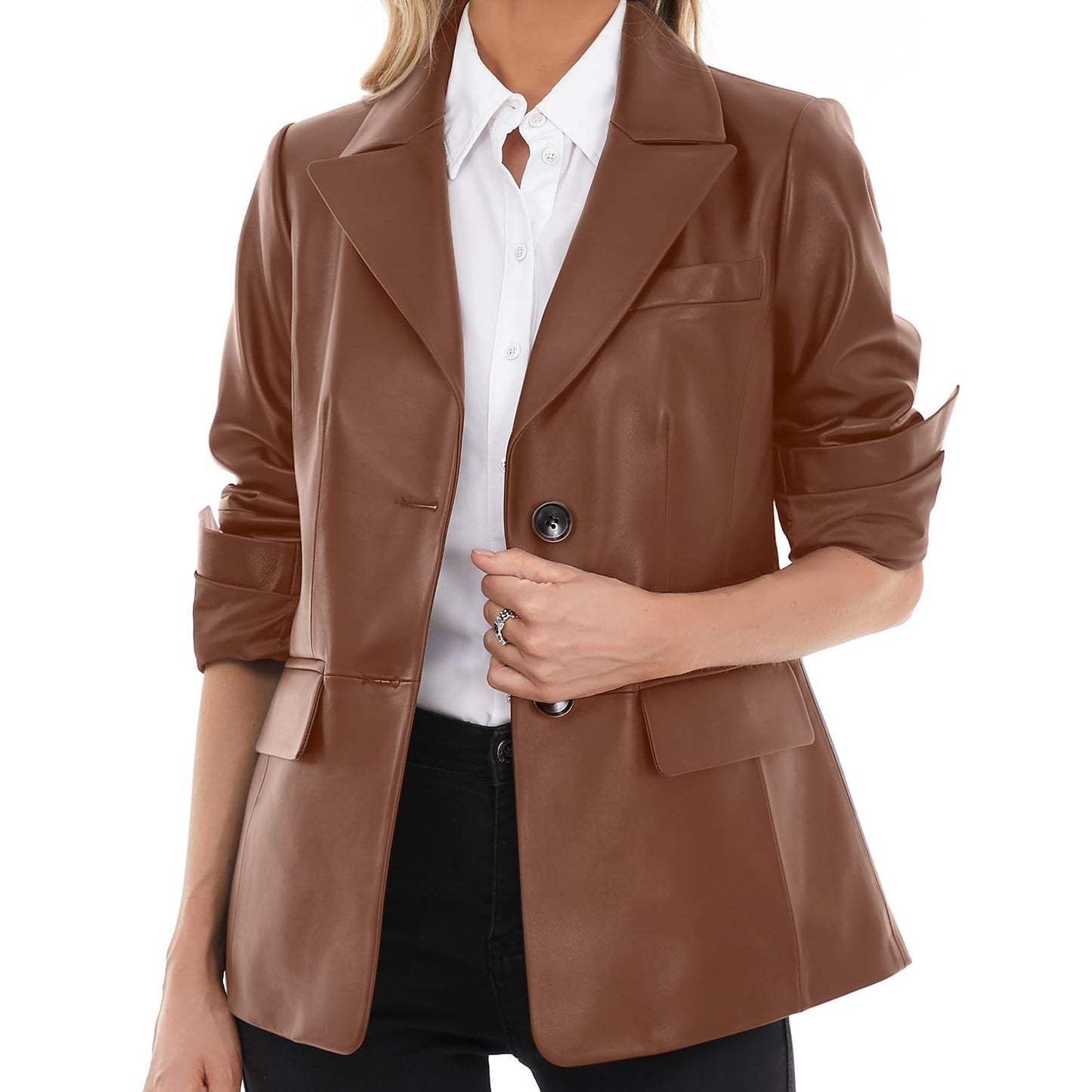 SILVER FASHIONS Lambskin Leather Jacket Women,Long Sleeve Button Front Leather Blazer,Notched Lapel Casual Style,Vent Detail (Small,Brown)