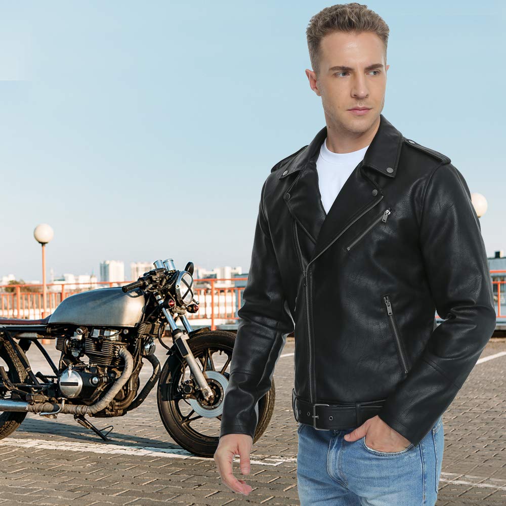 Fahsyee Leather Jackets for Men, Faux Bomber Jacket Mens Motorcycle Lapel Asymmetric Zip-Up Belt Slim Fit Biker Coat Black XXL