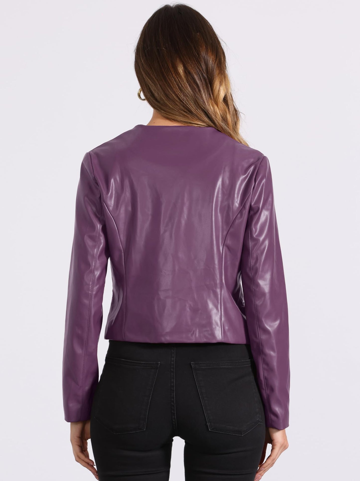 Allegra K Faux Leather Jacket for Women's Collarless Open Front Crop PU Moto Biker Jackets Medium Dark Purple