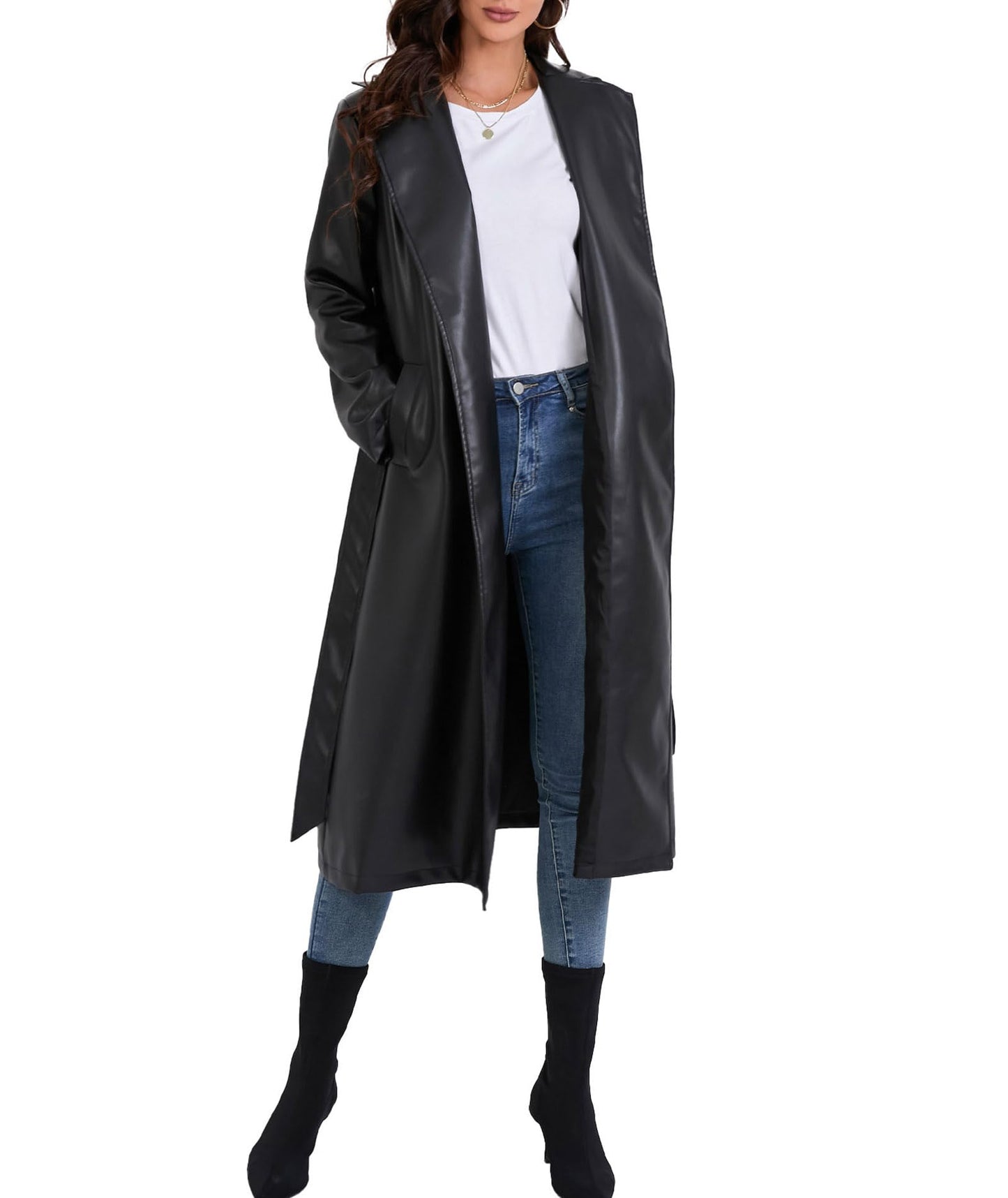 xxxiticat Women's Leather Trench Coat Long Sleeve Open Front Motorcycle Lapel Belted Tie Long Black Faux Leather Jacket(BL,S)