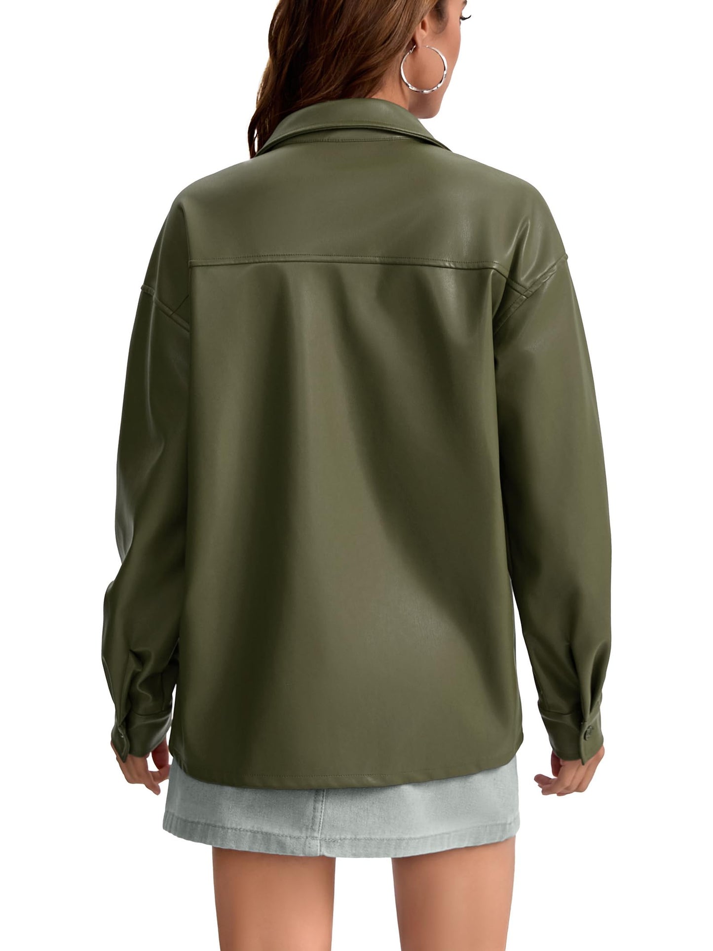 Haianguoji Women's Faux Leather Button-Down Shirt Jacket Lightweight Long Sleeve PU Blouse Shacket Tops (Green, M)