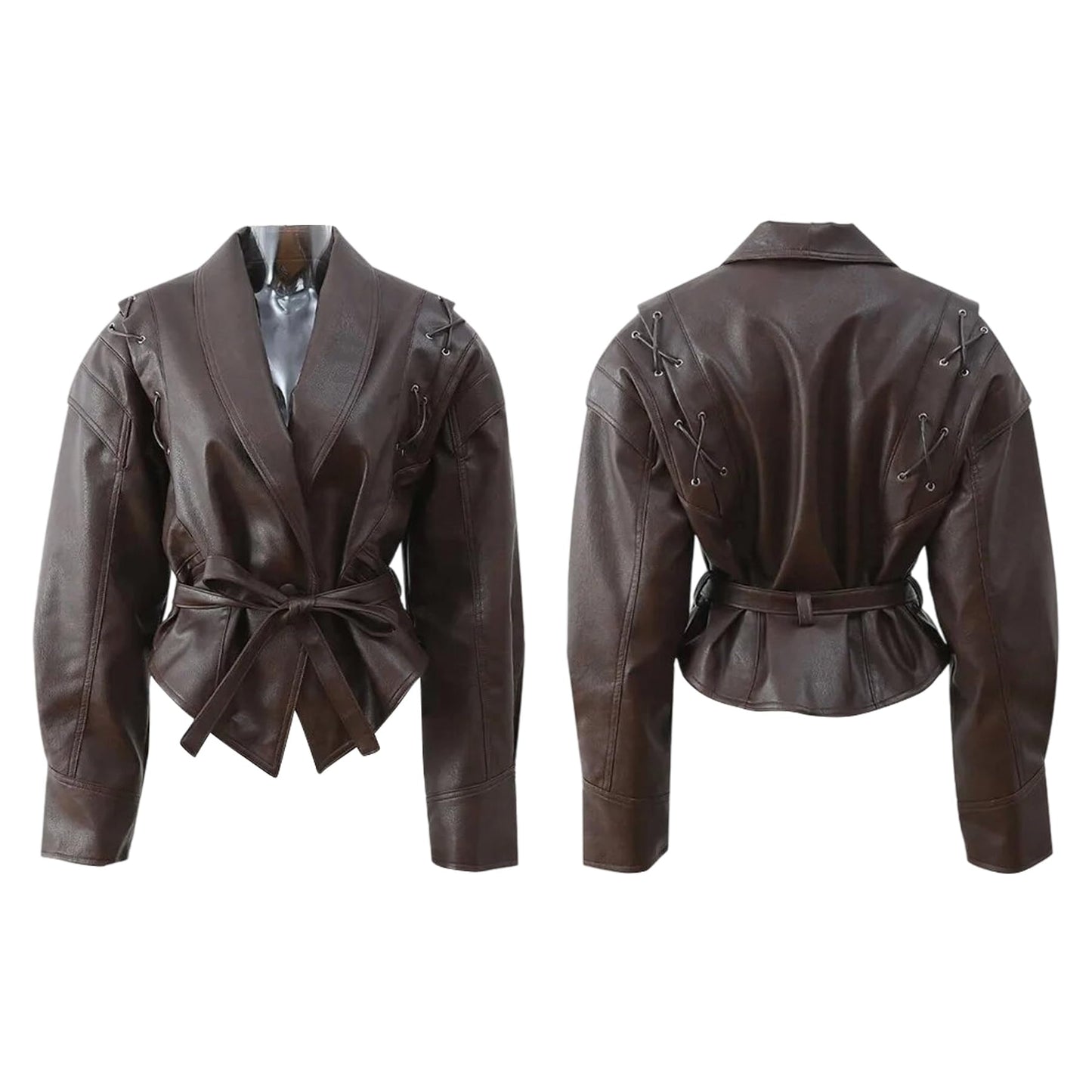 LETSVDO Leather Jacket Women Faux PU Oversized Lace Up Asymmetrical Belted Motorcycle Bomber Coats Fashion Fall Clothes