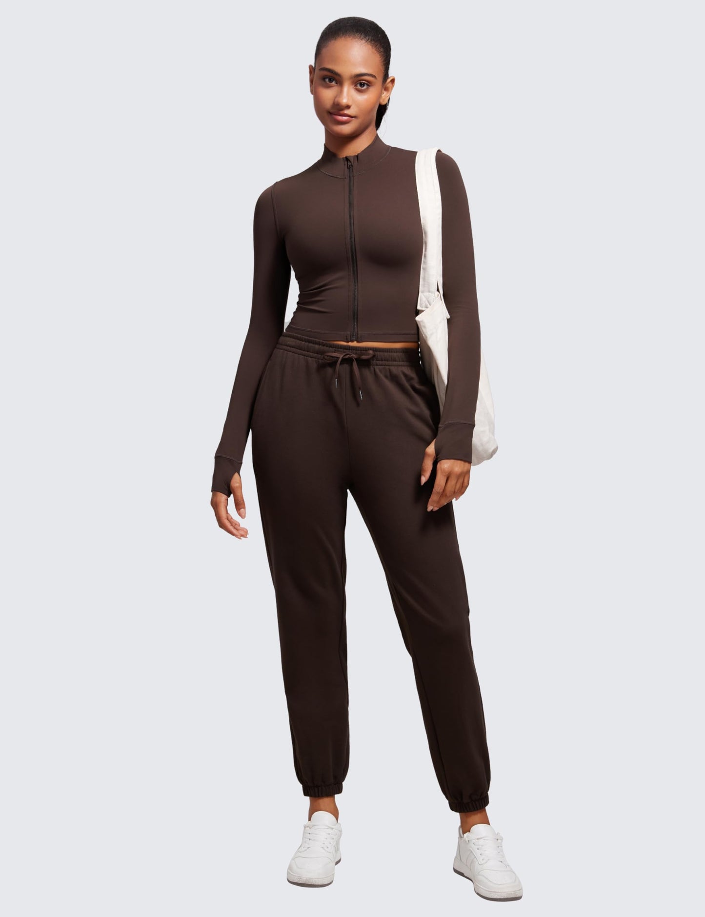 CRZ YOGA Butterluxe Cropped Athletic Jackets for Women - Full Zip Up Track Tops with Thumb Holes Pockets Hot Fudge Brown Small