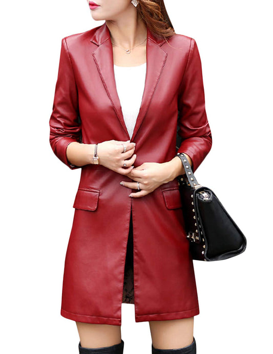 Tanming Womens PU Faux Leather Jacket Casual Lapel Long Suit Trench Coat Outerwear (WineRed-S)