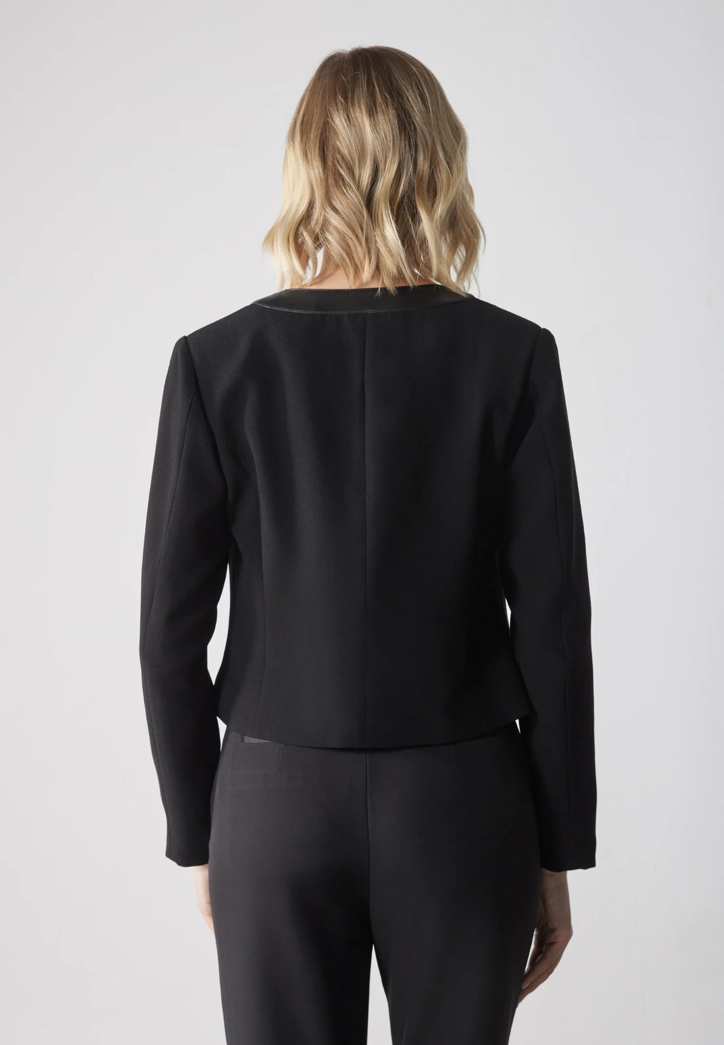 SS-Sunrise Fashion Women's Black Blazer Jacket with Faux Leather Trim, Long Sleeve, Collarless Design (X-Large, Black)