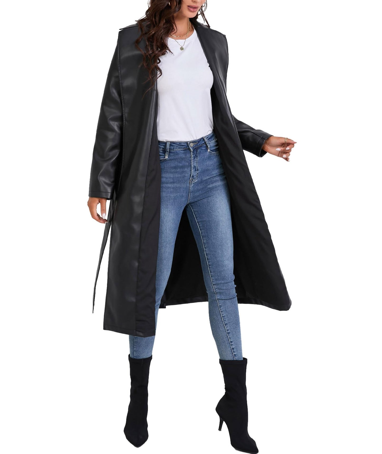 xxxiticat Women's Leather Trench Coat Long Sleeve Open Front Motorcycle Lapel Belted Tie Long Black Faux Leather Jacket(BL,S)