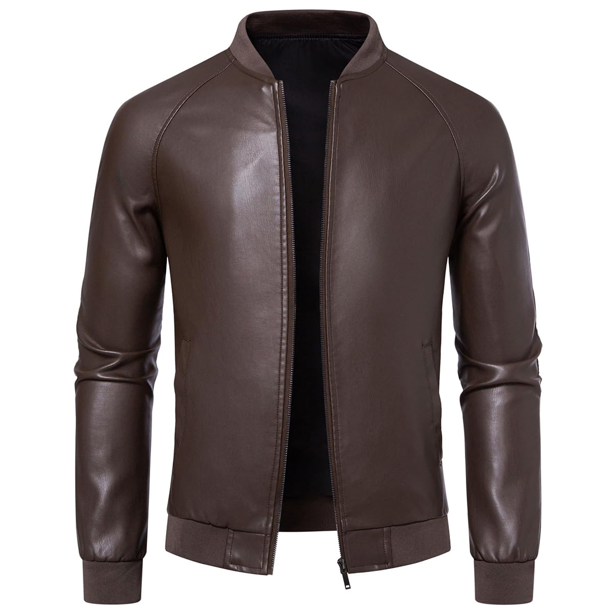 Womleys Mens Casual Faux Leather Jacket Fall Winter Leather Bomber Jacket (Large, Coffee)