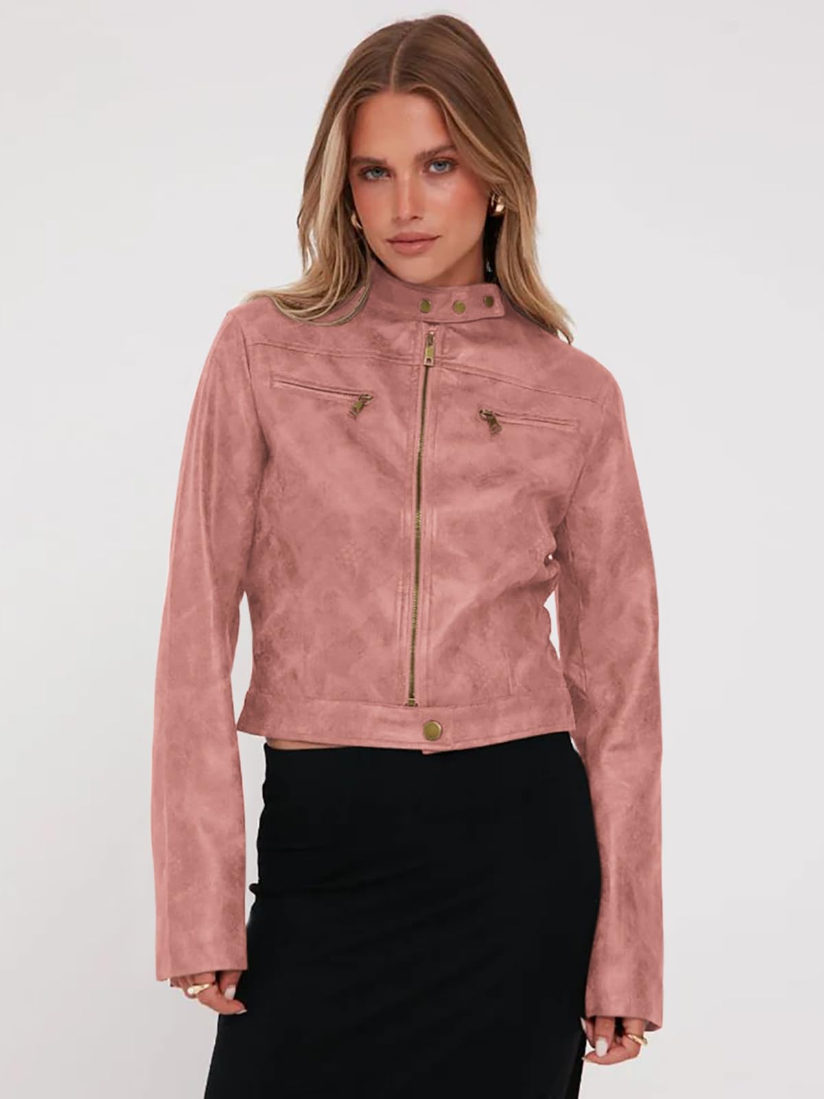 Onedreamer Women's Faux Leather Cropped jackets Casual Vintage Zip Up Stand Collar Motorcycle Short Coat Jacket