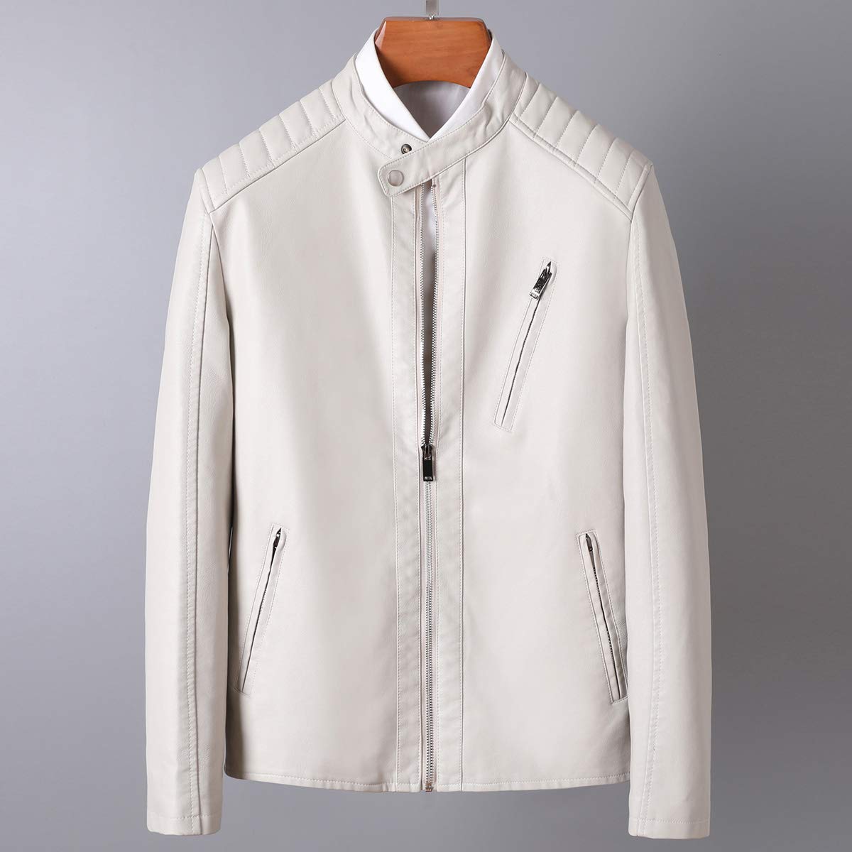 Womleys Mens Casual Stand Collar Slim Fit Faux Leather Jacket Biker Motorcycle Jacket (Ivory, X-Large)